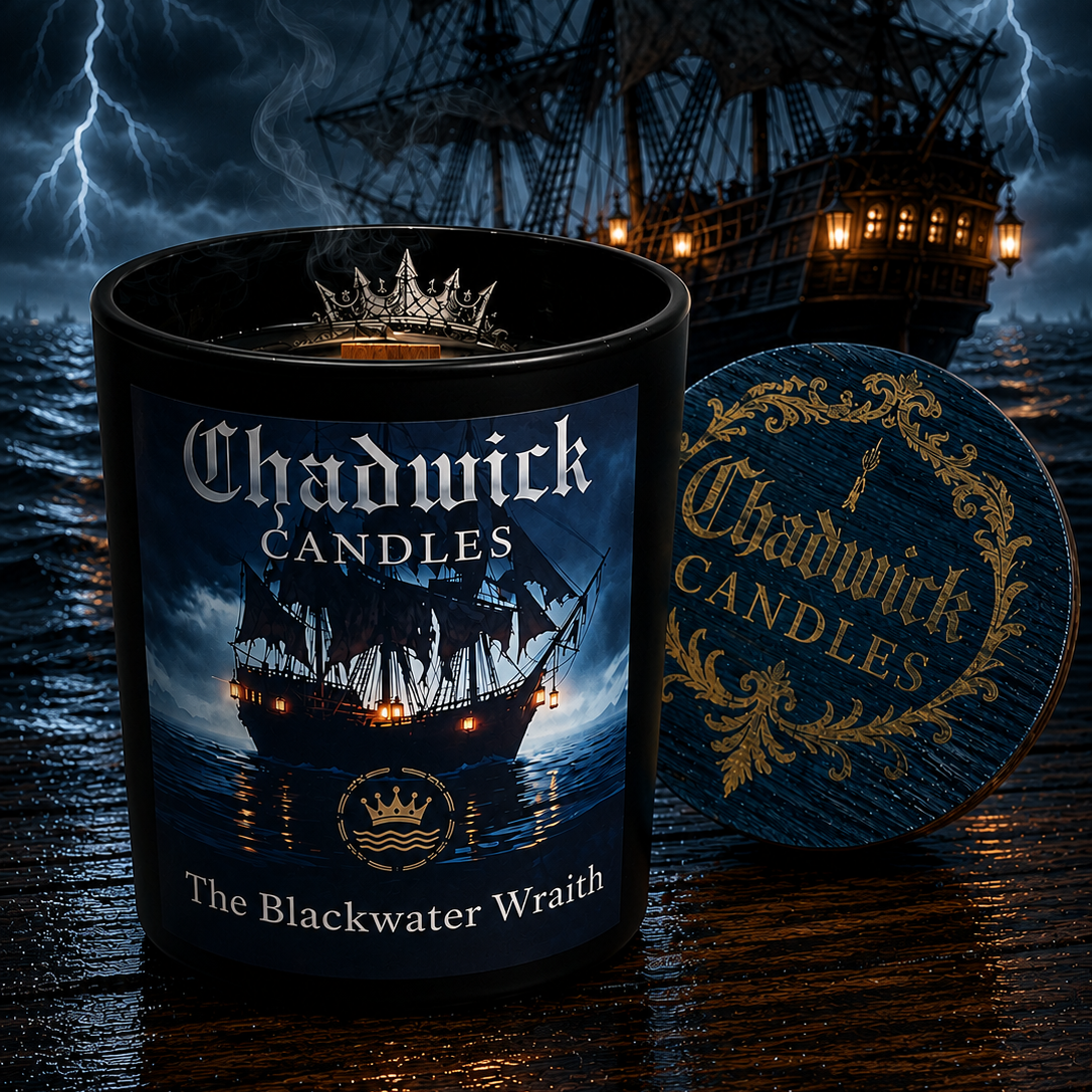 A black candle jar labeled Chadwick Candles 'The Blackwater Wraith' sits on a dark wooden surface beside its matching lid. The background shows a dramatic pirate ship at night with lightning in the stormy sky.