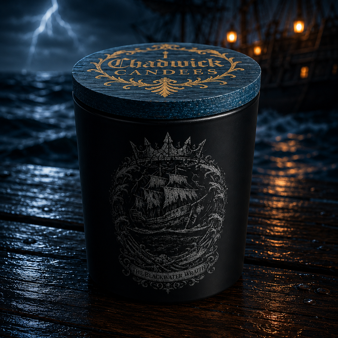 A black jar candle with a blue lid and gold 'Chapwick Candles' branding, set on a dark wooden surface with a stormy sea and ship background.
