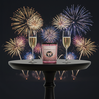 Two glasses of champagne on a table with fireworks in the background