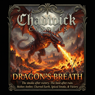 Promotional graphic for 'Chadwick Candles Dragon's Breath' with a dragon and fiery design.