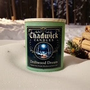 Chadwick Candles Delftwood Dream candle in a snowy outdoor setting