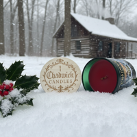 Candle with holly leaves and berries in a snowy landscape with a cabin in the background