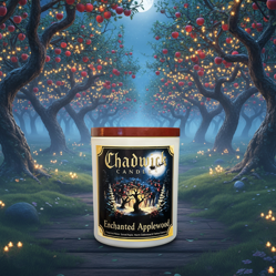 Chadwick Farms Enchanted Applewood candle with a magical forest background