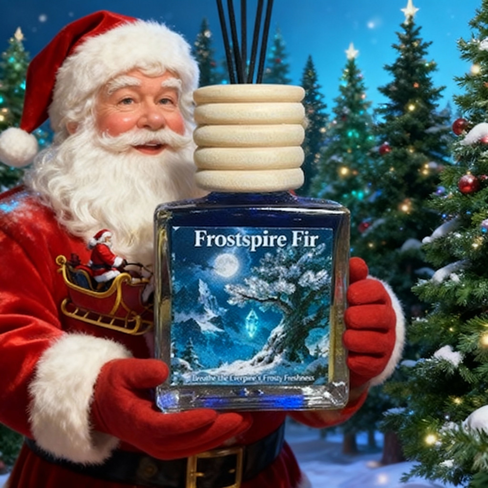 Person in Santa Claus outfit holding a bottle of 'Frostspire Fir' diffuser with Christmas trees in the background
