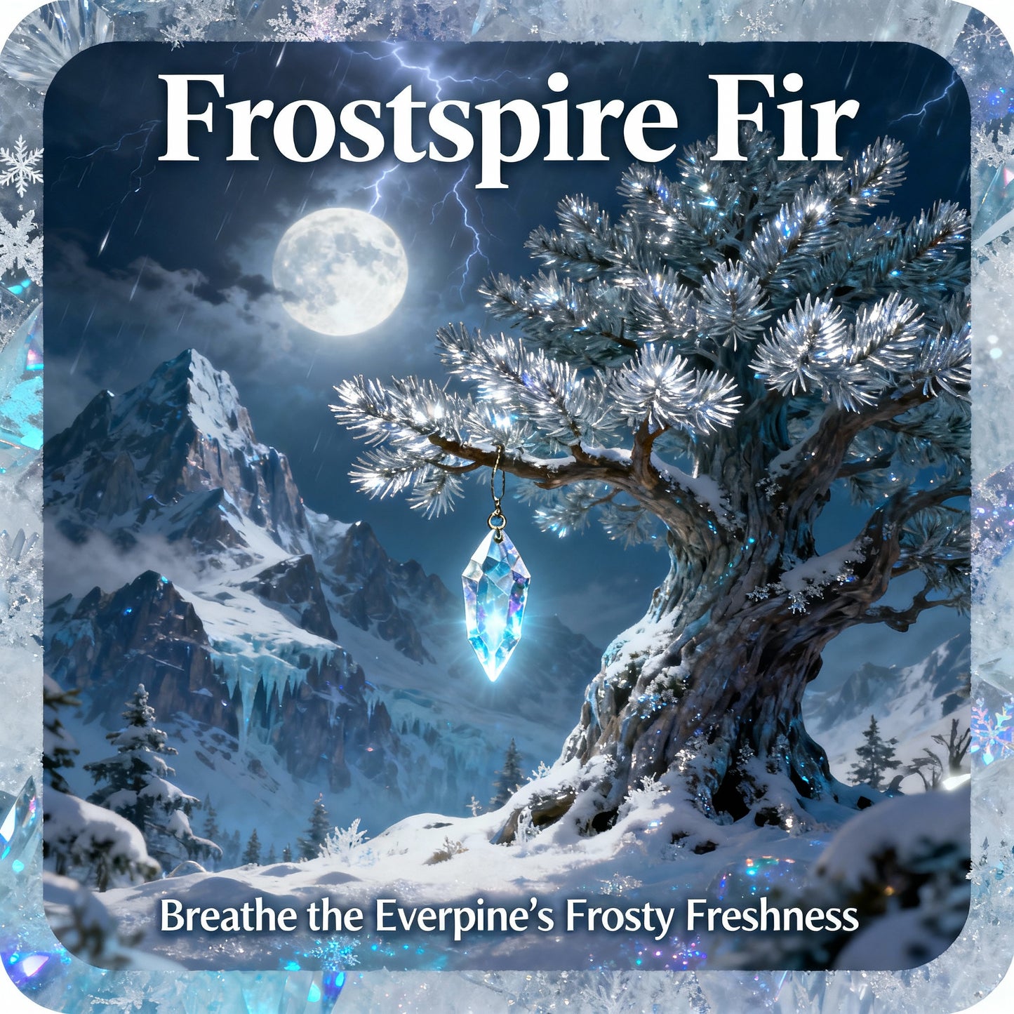 Frosty landscape with a tree, moon, and crystal ornament, featuring the text 'Frostspire Fir'.
