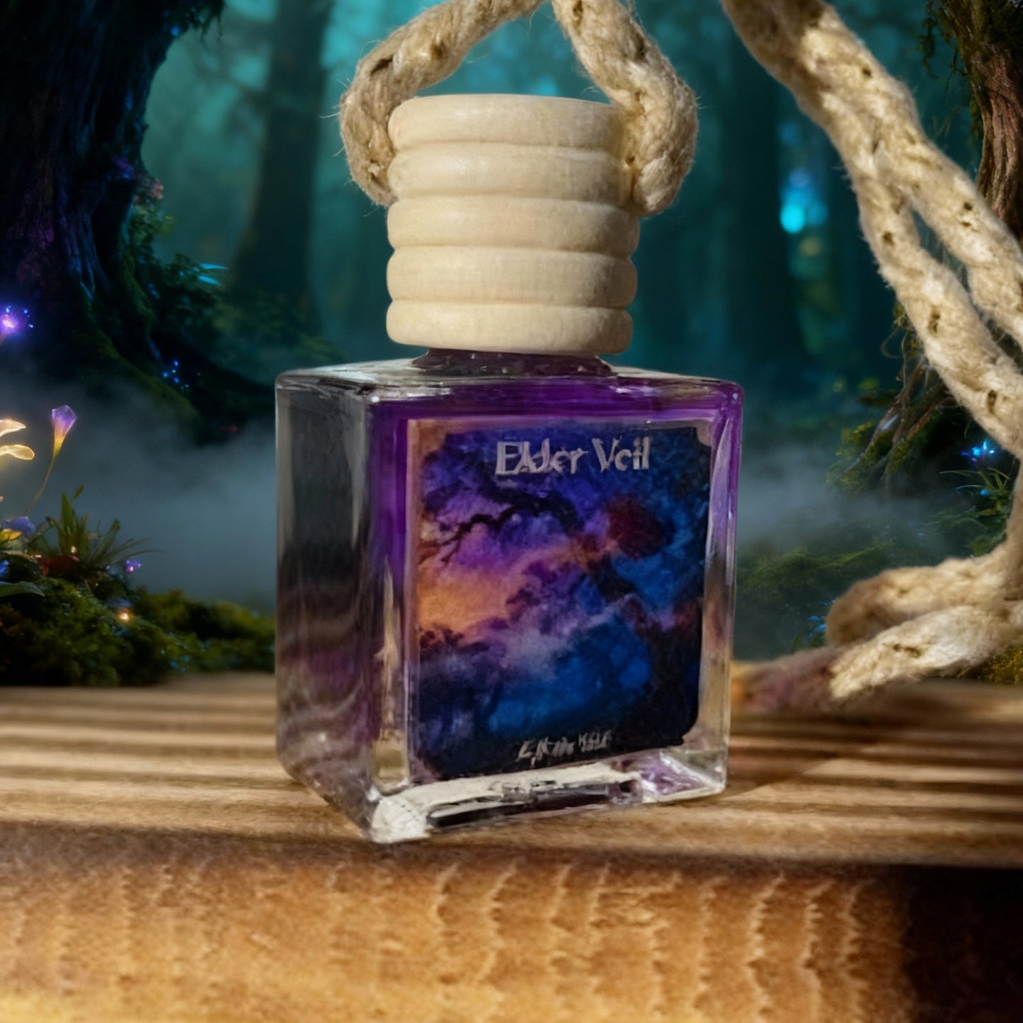 Elder Veil perfume bottle with a mystical forest background