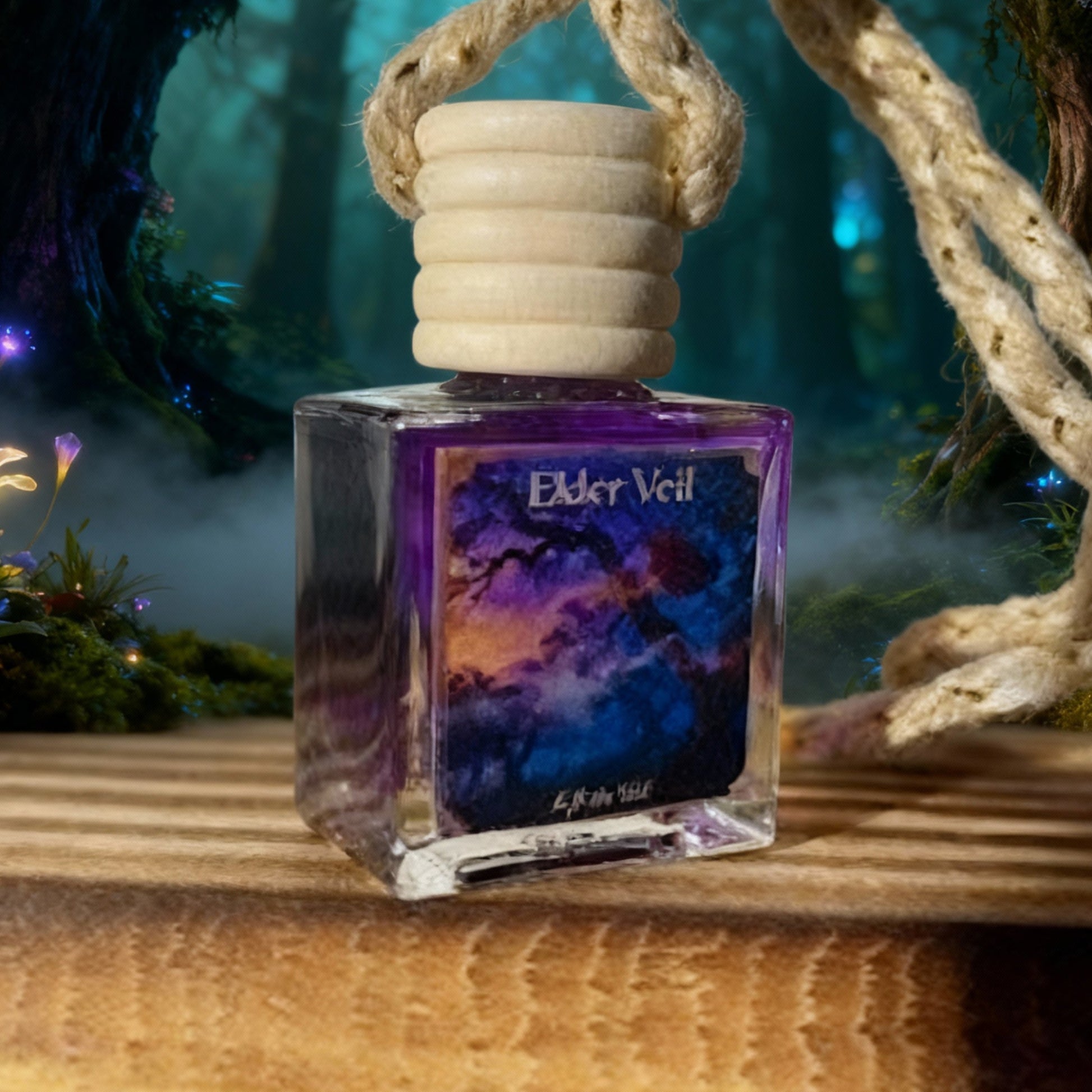 Elder Veil perfume bottle with a mystical forest background