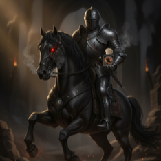 Knight in full armor riding a horse with a dark, moody background