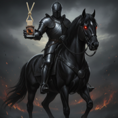 Dark knight on a horse holding a lantern against a dark background