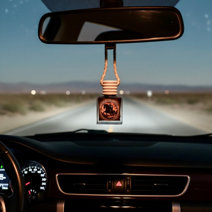 Car interior with a hanging car accessory on the rearview mirror, road visible through windshield.