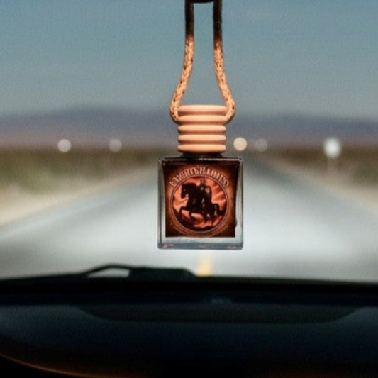 Car interior with a hanging car accessory on the rearview mirror, road visible through windshield.