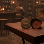 Wooden table with decorative items in a rustic bar setting