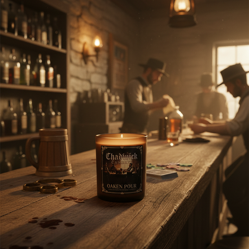 Candle labeled 'Old English' on a bar counter with patrons in the background