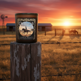 Candle on a wooden post with a sunset and farm landscape in the background