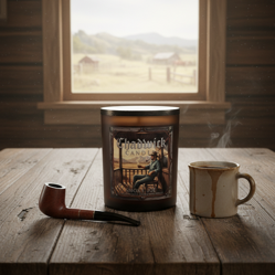 Vintage pipe, book, and mug on a wooden table with a window in the background