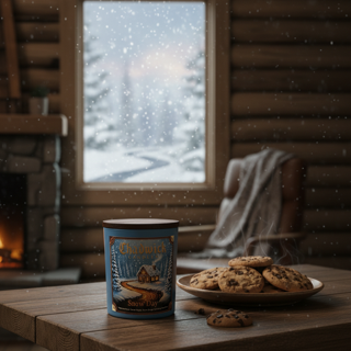 Cookies on a plate with a can of cookies in front of a window showing a snowy scene.