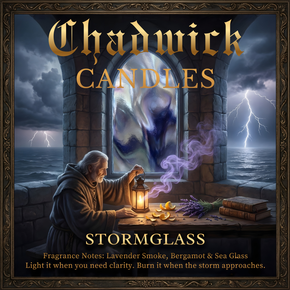 Advertisement for Chadwick Candles' Stormglass fragrance with a monk by a window with stormy weather.