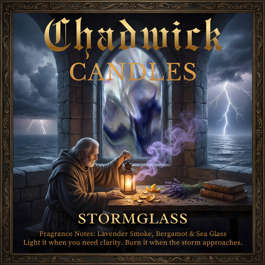 Advertisement for Chadwick Candles' Stormglass fragrance with a monk by a window with stormy weather.