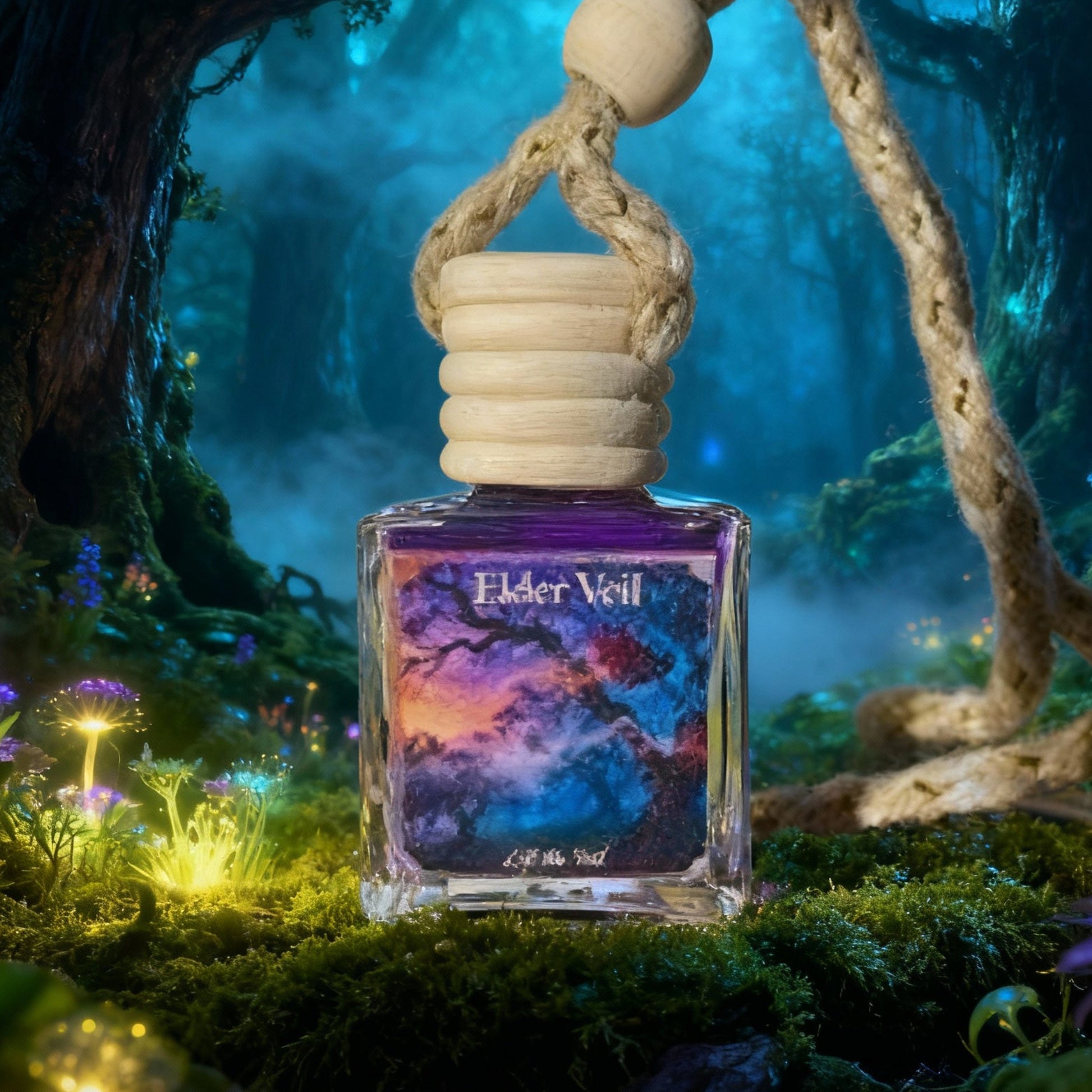 Perfume bottle labeled 'Elder Veil' in a mystical forest setting