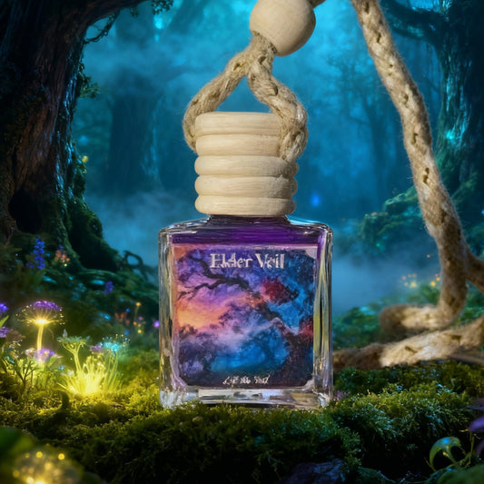 Perfume bottle labeled 'Elder Veil' in a mystical forest setting