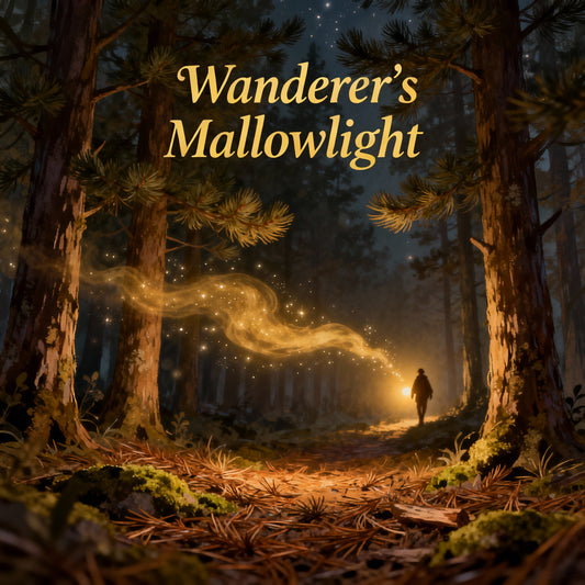 Forest scene with a glowing path and 'Wanderer's Mallowlight' text
