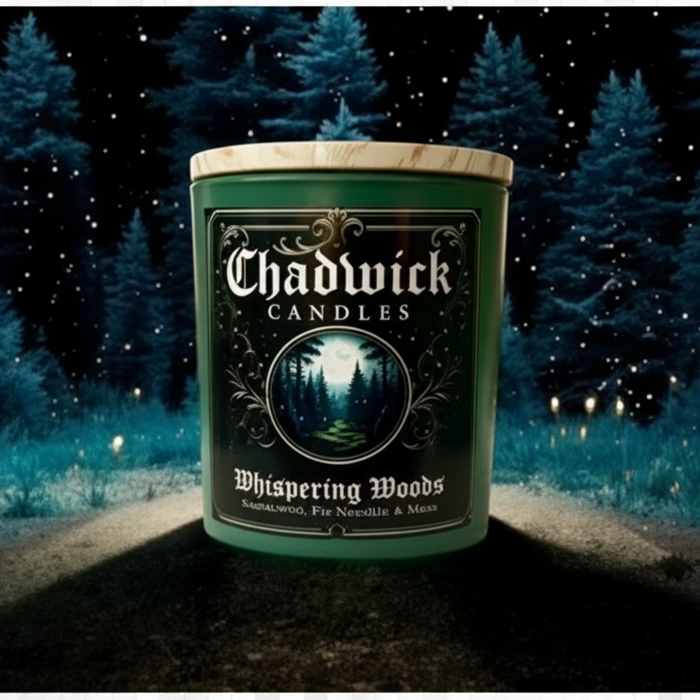 Chadwick Candles Whispering Woods candle in a forest setting