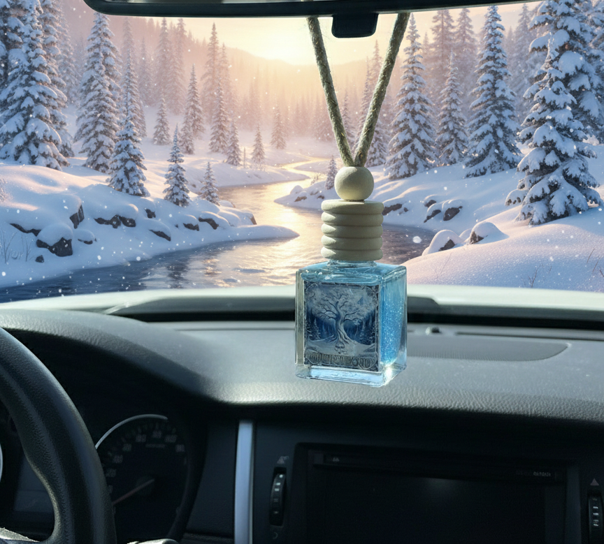 Car air freshener hanging from the rearview mirror with a snowy landscape outside